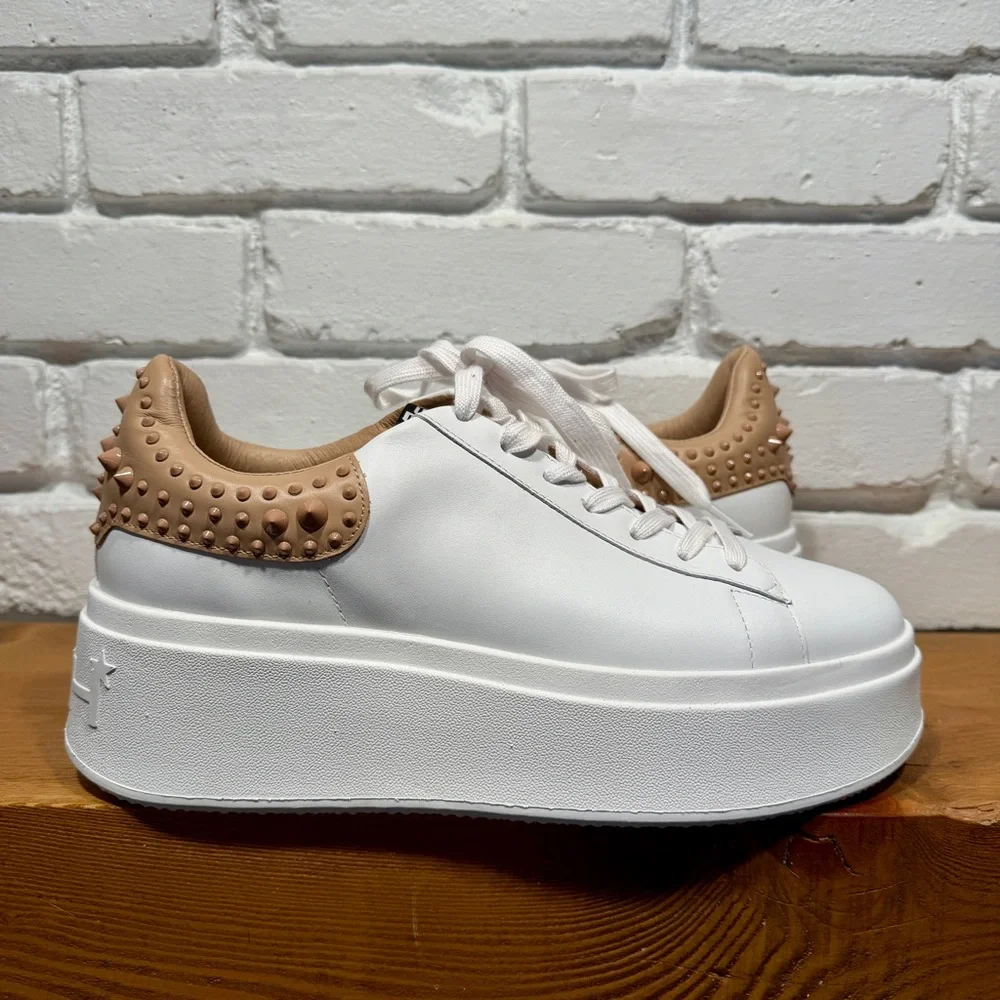ASH Platform Sneakers White Leather NUDE Studded Heel Size 40 Luxury Chunky NIB - Picture 5 of 15